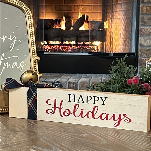 NEW! Shabby Chic Cottage Happy Holidays  Jingle Bell & Plaid Block Sign - Picture 4 of 4